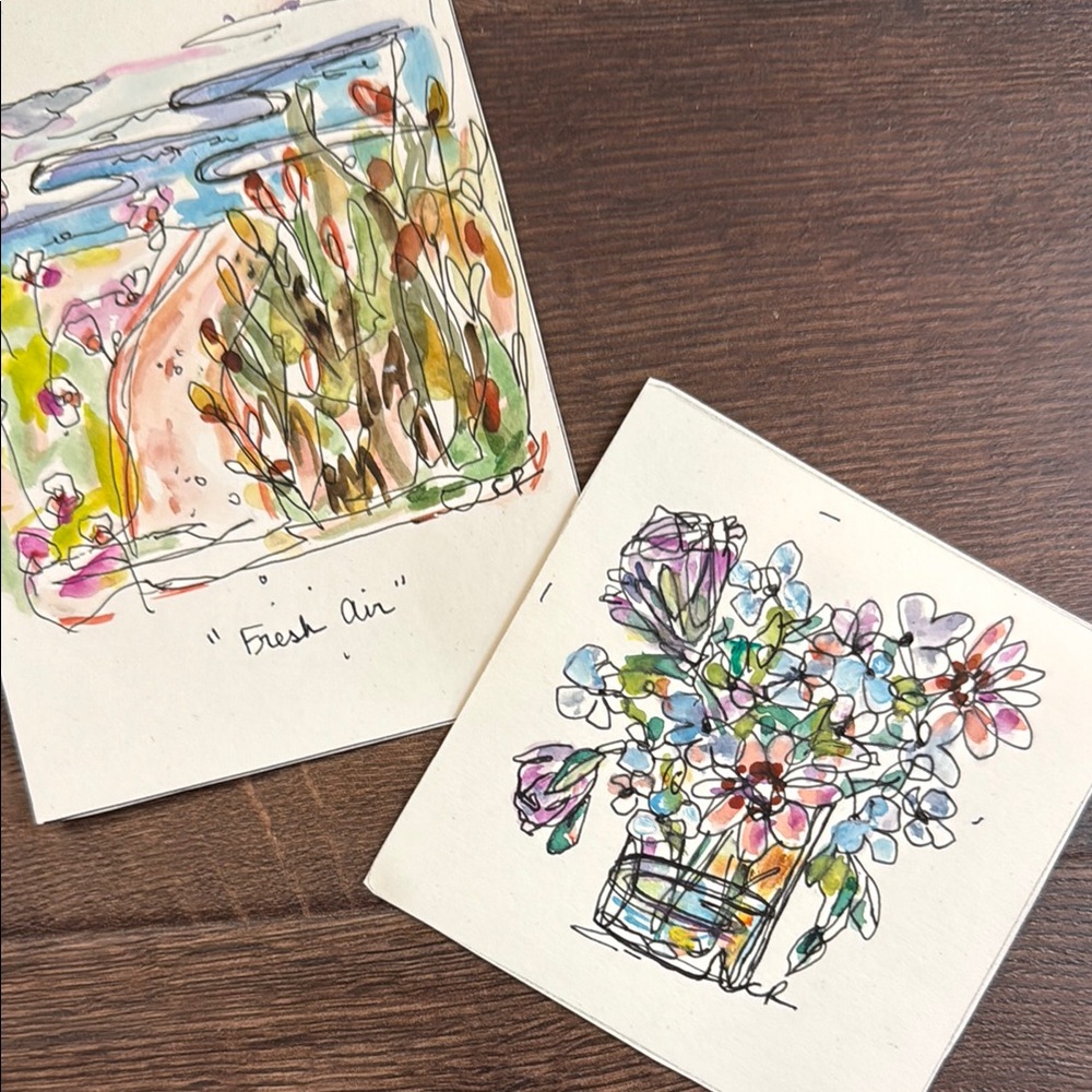 Colorful Floral Mixed Media Art - Watercolor & Pen Bouquet/Flowers